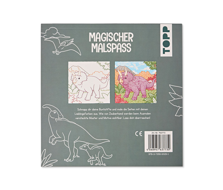 Rückseite des Malbuchs 'MAGISCHER MALSPASS' mit Dinosaurier-Illustrationen. Ein Triceratops wird vor und nach dem Ausmalen gezeigt, wie versteckte Muster sichtbar werden. Marke TOPP.
