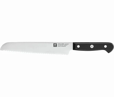 ZWILLING Gourmet Brotmesser, 20 cm, mit silberner Wellenschliffklinge und schwarzem Griff mit drei Nieten, horizontal liegend.