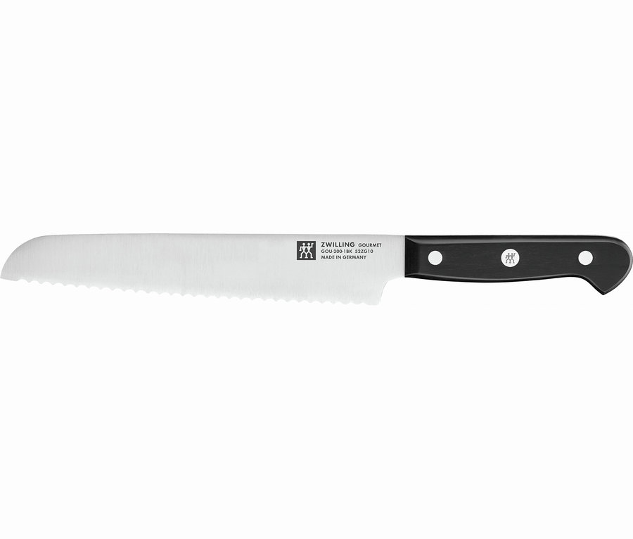 ZWILLING Gourmet Brotmesser, 20 cm, mit silberner Wellenschliffklinge und schwarzem Griff mit drei Nieten, horizontal liegend.