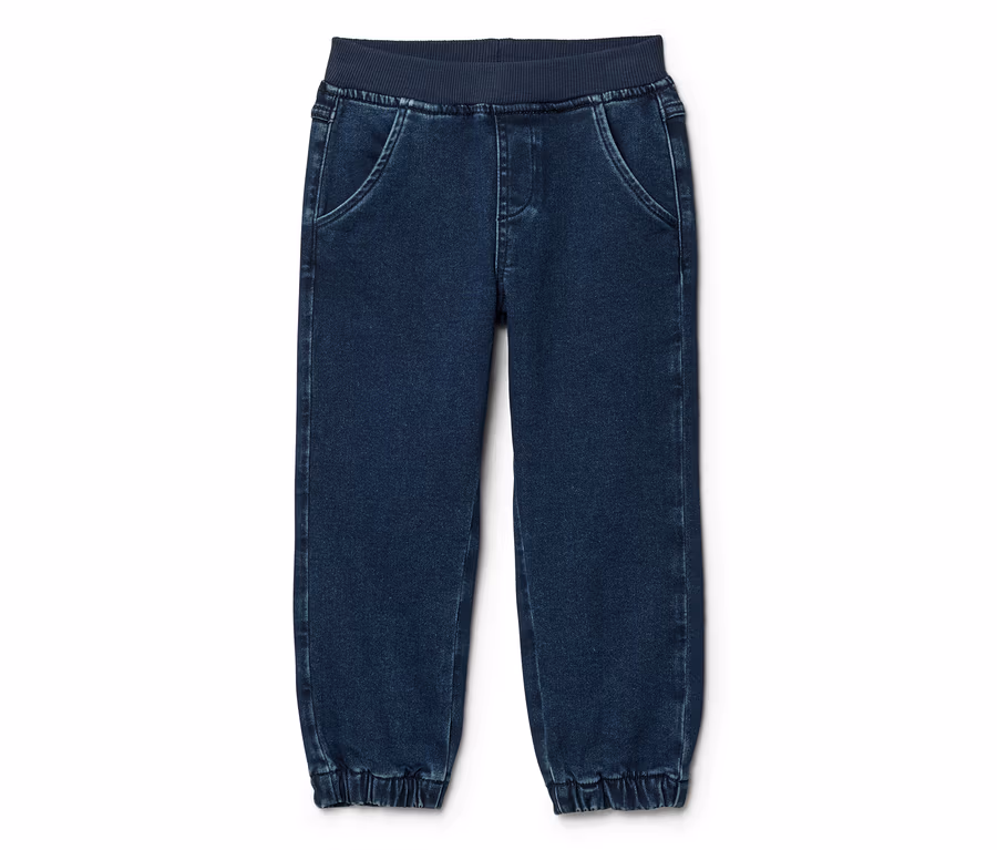 Dunkelblaue Jeans-Jogginghose mit elastischem Rippbund und elastischen Rippbündchen an den Knöcheln.