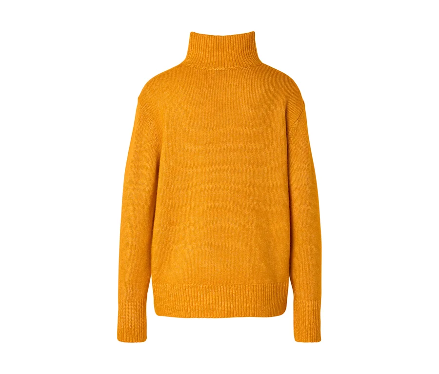 Gelber Strickpullover mit Rollkragen, langen Ärmeln und gerippten Bündchen.
