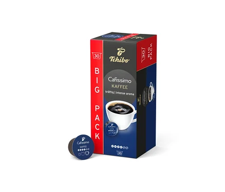 Packung Cafissimo Kaffee kräftig - 30 Kapseln neben einer einzelnen Kapsel.