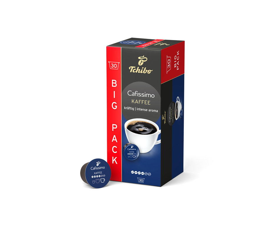 Packung Cafissimo Kaffee kräftig - 30 Kapseln neben einer einzelnen Kapsel.