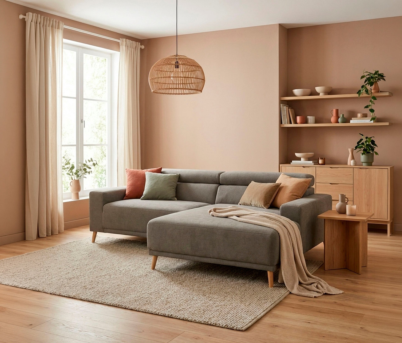 Modernes Wohnzimmer mit einer L-förmigen grauen Couch, die mit Kissen und einer Decke dekoriert ist, auf einem hellen Teppich vor einem Fenster mit Vorhängen. Eine Rattan-Pendelleuchte hängt von der Decke, und eine Holzkommode mit Regalen und Pflanzen steht an der Wand.