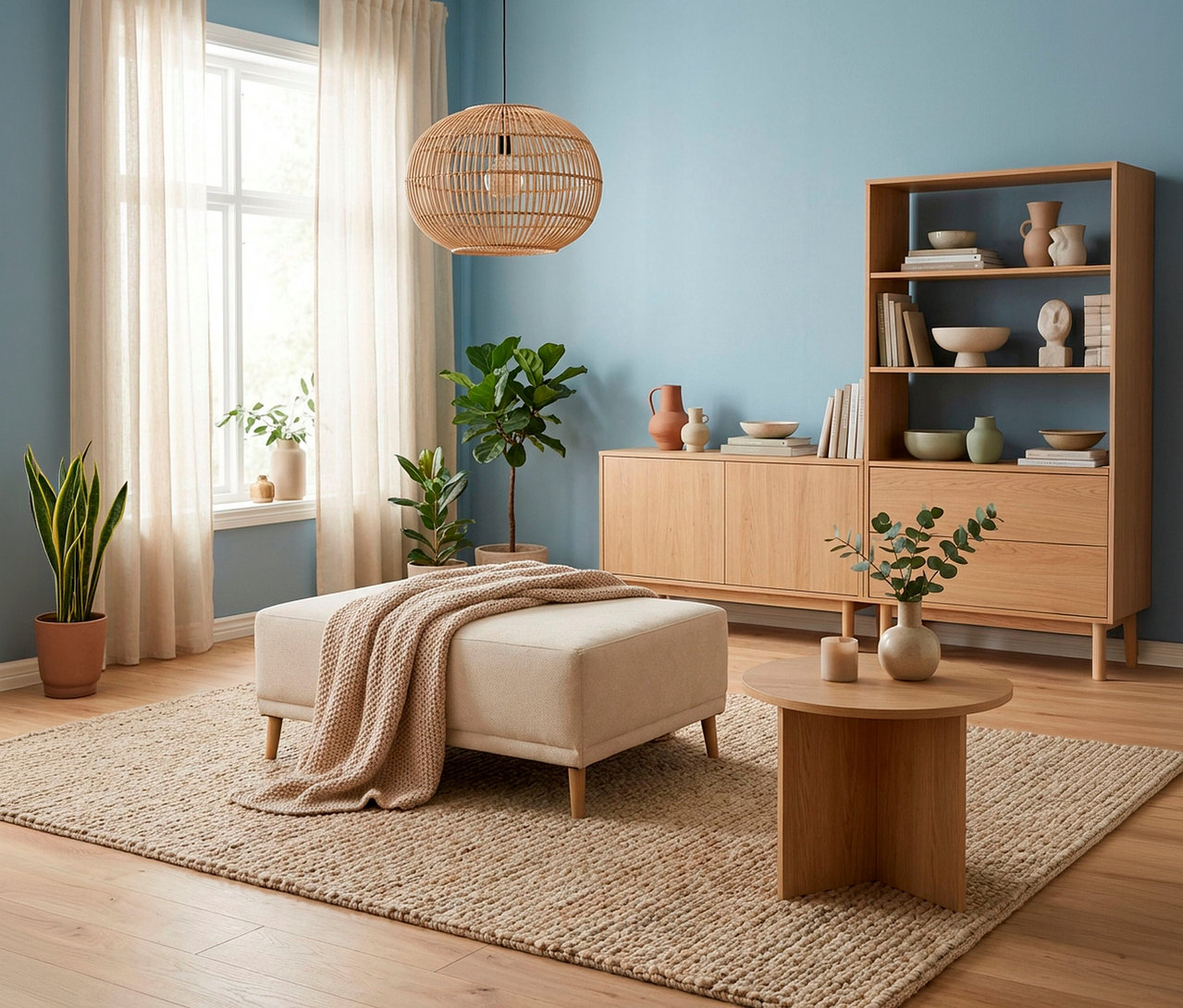 Ein helles Wohnzimmer mit hellblauen Wänden, Holzboden und einem großen Jute-Teppich. Ein beiger Ottoman mit einer Strickdecke steht auf dem Teppich, daneben ein runder Holztisch mit einer Vase mit Eukalyptus und zwei Kerzen. An der Rückwand stehen ein Sideboard und ein passendes Bücherregal aus Holz, beide mit dekorativen Vasen, Schalen und Büchern geschmückt. Links befindet sich ein großes Fenster mit transparenten Vorhängen, und eine Rattan-Pendelleuchte hängt von der Decke. Mehrere Topfpflanzen sind in der Nähe des Fensters und der Möbel platziert.