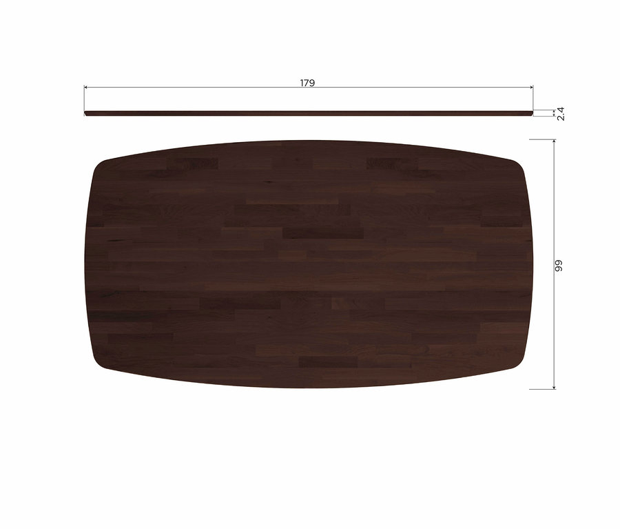Dunkelbraune, rechteckige Holztischplatte mit abgerundeten Ecken, Maße 179x99 cm. Eine separate Seitenansicht zeigt eine Dicke von 2,4 cm.