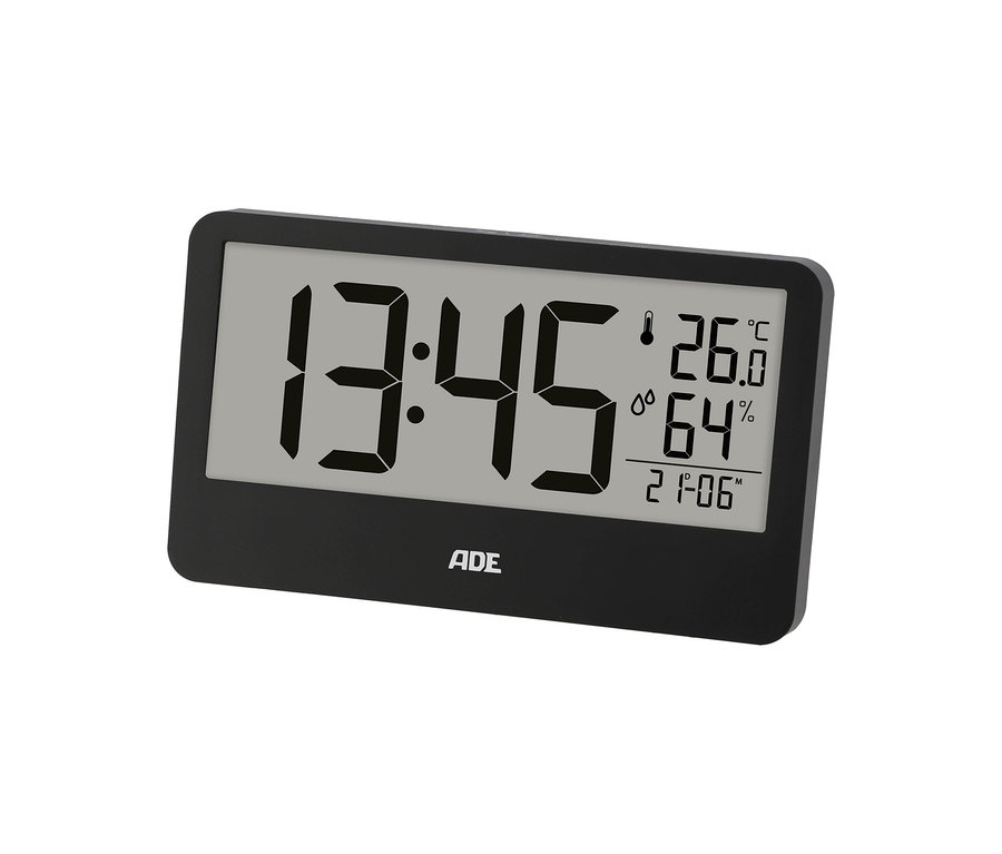 Schwarzes digitales Gerät mit Anzeige von 13:45 Uhr, 26,0 °C Temperatur, 64 % Luftfeuchtigkeit und 21:06 Uhr.