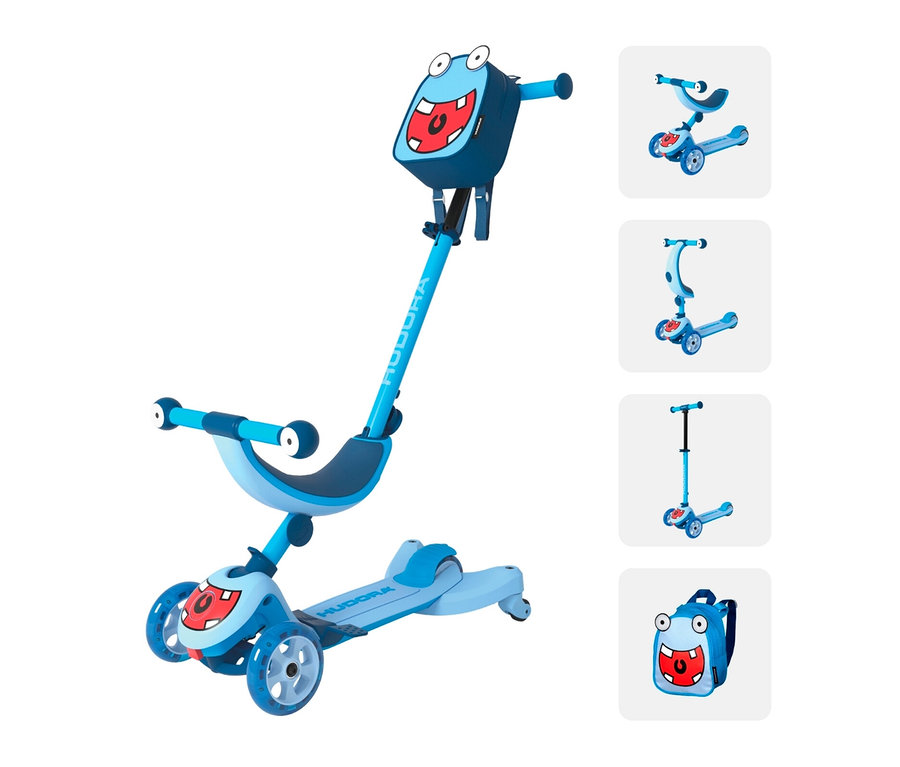 Ein cyanfarbener Hudora 4-in-1-Scooter mit Sitz und Schiebestange, vorne mit Monstergesicht. Rechts sind weitere Konfigurationen und ein passender Rucksack abgebildet.