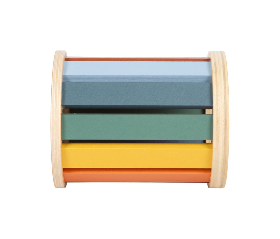 small foot Montessori-Bundle 2, eine Holzrolle mit bunten Lamellen in Hellblau, Blau-Grau, Grün-Grau, Gelb und Orange.