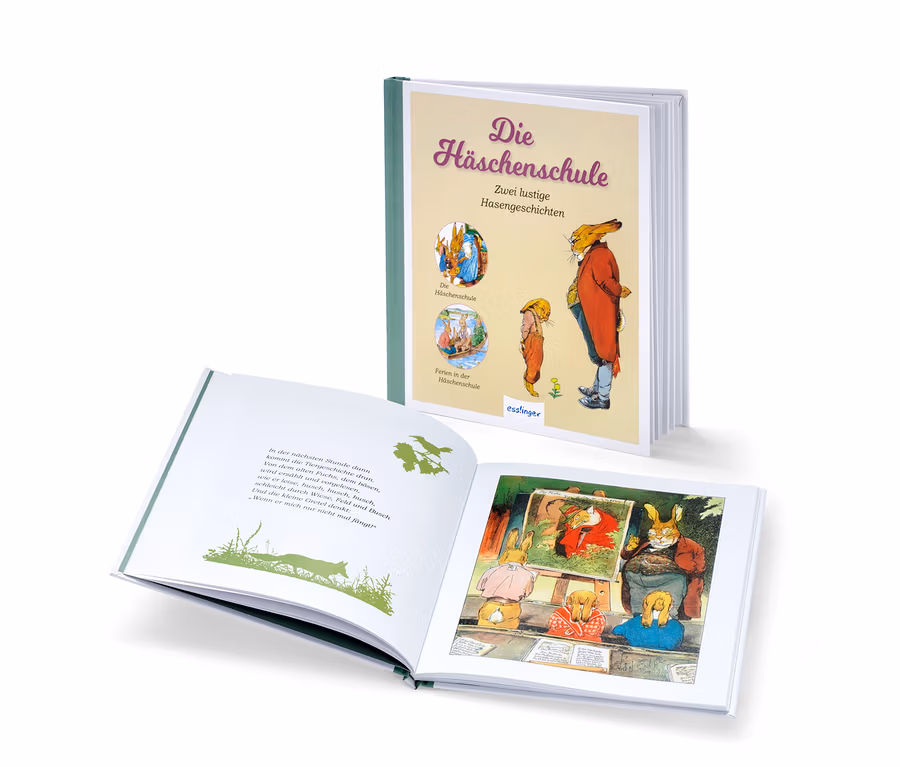 Zwei offene Ausgaben des Buchs "Die Häschenschule" zeigen Illustrationen von Hasen.