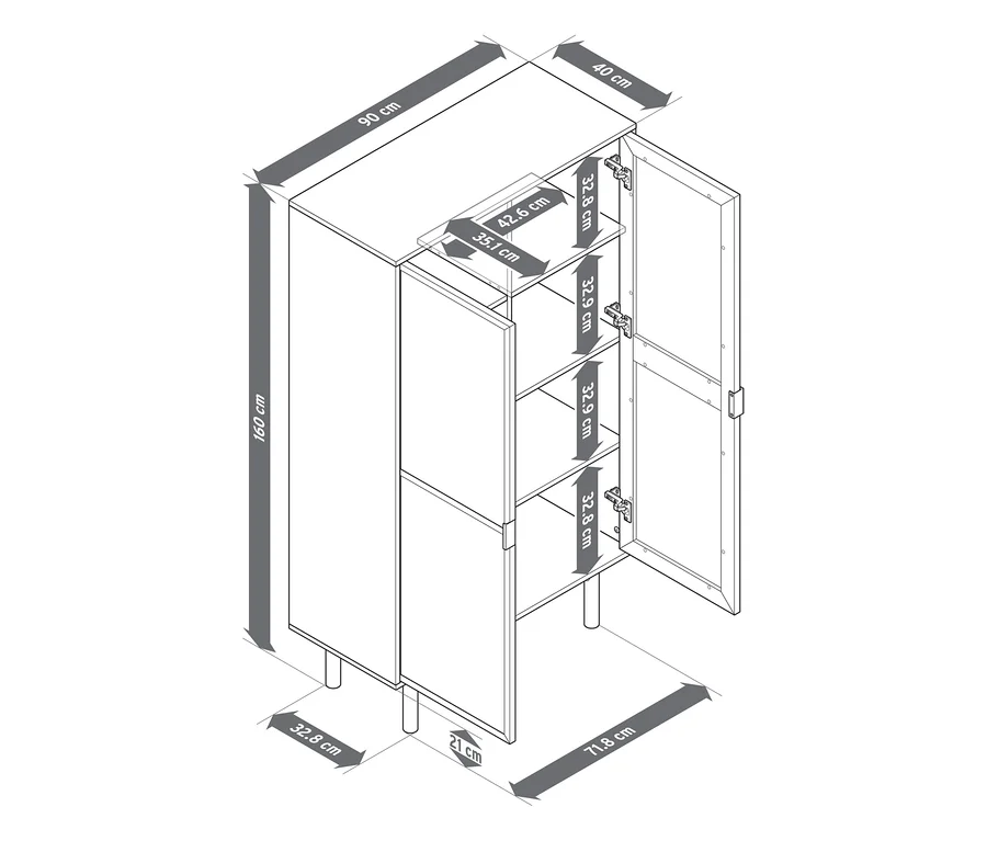 Cabinetschrank mit 2 Türen, 160x90x40 cm. Rechte Tür geöffnet, zeigt vier Innenfächer. Der Schrank steht auf Beinen.