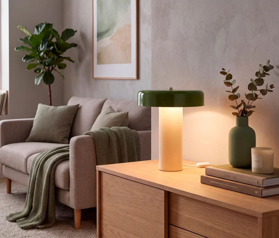 Eine gemütliche Wohnzimmerecke mit einem hellbeigen Sofa, grünen Kissen und einer grünen Decke. Eine große Pflanze steht neben dem Sofa. Auf einem Holzschrank stehen eine leuchtende Reality Tischleuchte Erika in Grün, eine grüne Vase mit Eukalyptuszweigen, Bücher und eine Kerze.