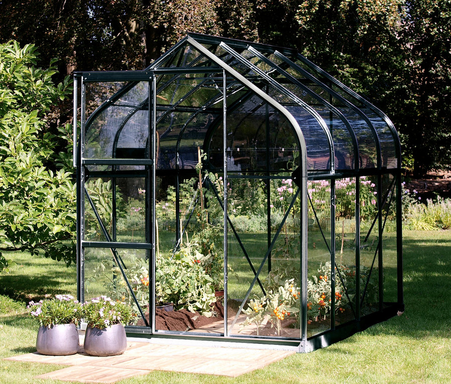 Gemüsegarten mit Tomatenpflanzen im Vitavia-Gewächshaus Orion 5000.