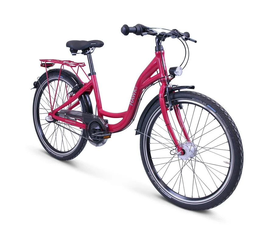 Rotes HAWK-Bikes-Jugendfahrrad »City Wave Girls« auf weißem Hintergrund.