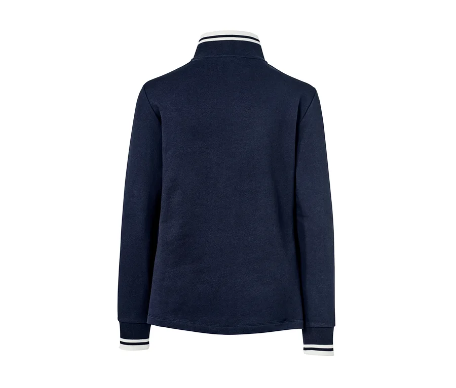 Dunkelblaues Sweatshirt mit Kragen mit weißen Bündchen.