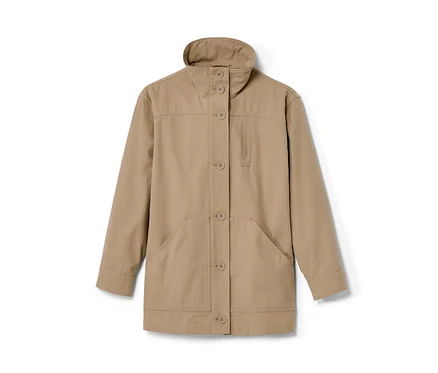 Beige NAH/STUDIO Parka aus recycelter Baumwolle mit Knöpfen.