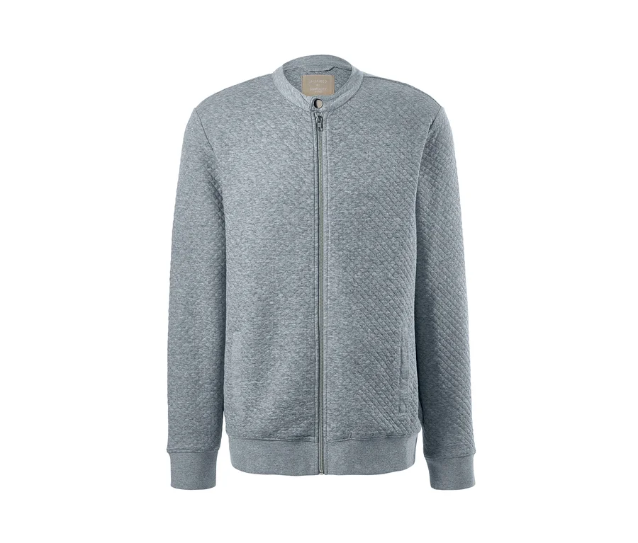 Graue Sweatjacke mit Reißverschluss und gestepptem Muster.