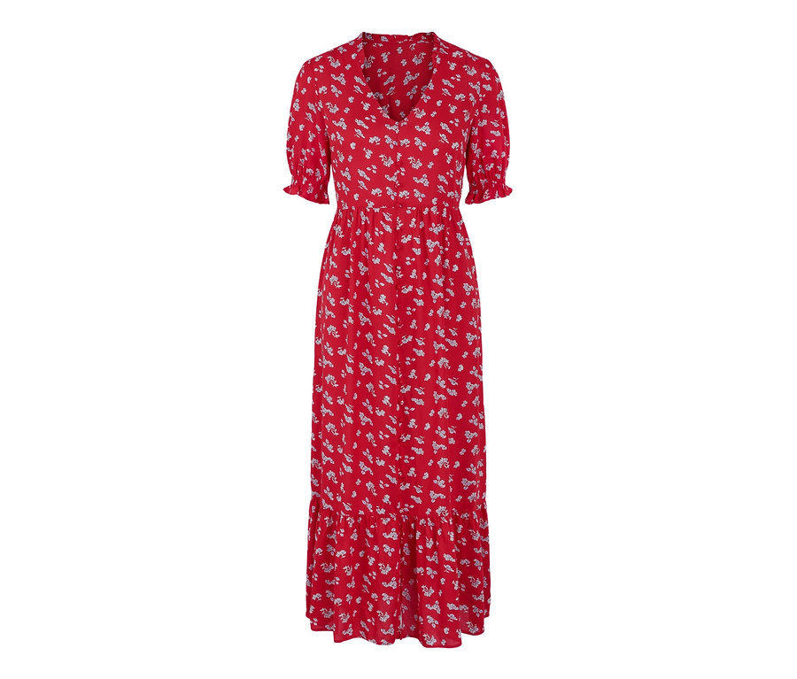 Rotes Kleid mit kurzen Ärmeln und weißem Blumenmuster.