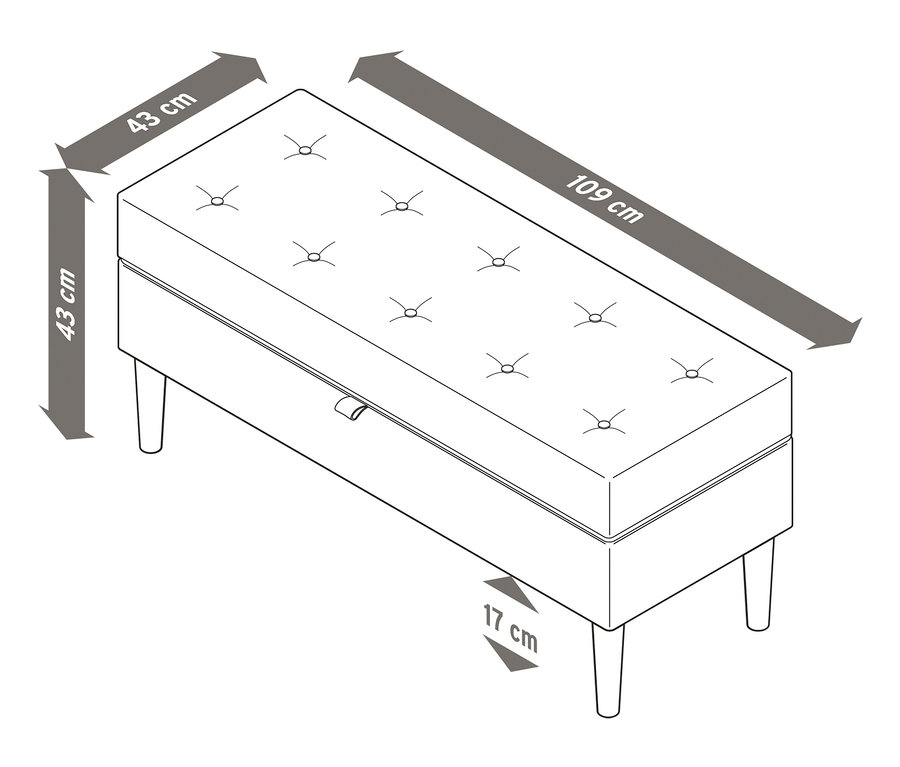 Illustration einer Polsterbank mit Truhenfunktion und Abmessungen.