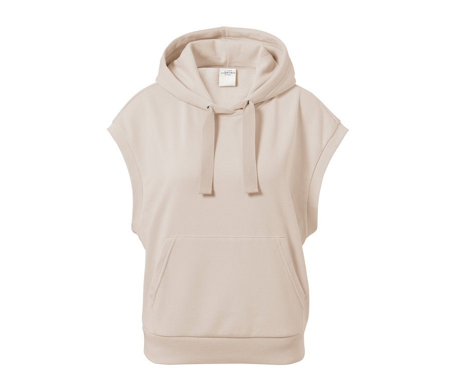 Ein beiger, ärmelloser Sport-Hoodie mit Kapuze und Kängurutasche.