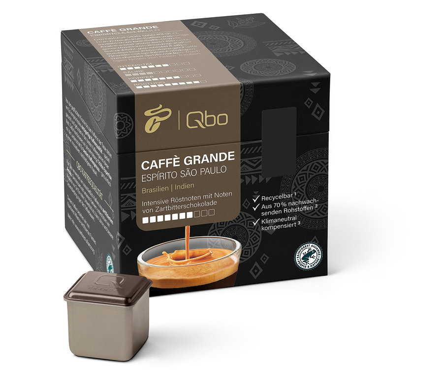 Eine Packung Qbo Caffè Grande ESPÍRITO SÃO PAULO und Qbo Caffè Grande BELO SUL sowie eine Kapsel.