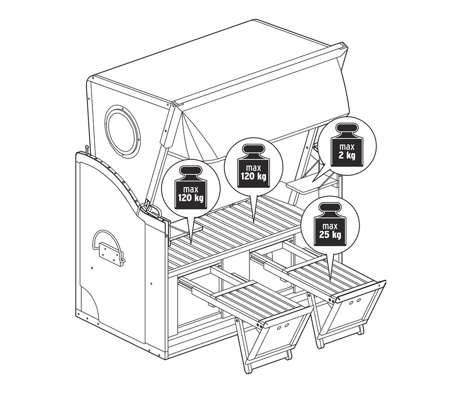 Zeichnung eines Premium-Strandkorbs XL mit 2 Ausklapptischen.
