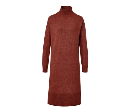Ein braunes Strickkleid mit Wollanteil.
