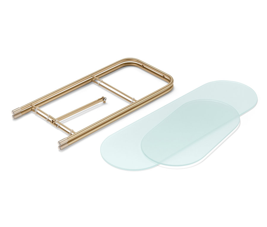 Eine zerlegte Etagere mit goldenem Rahmen und zwei ovalen Glasplatten.