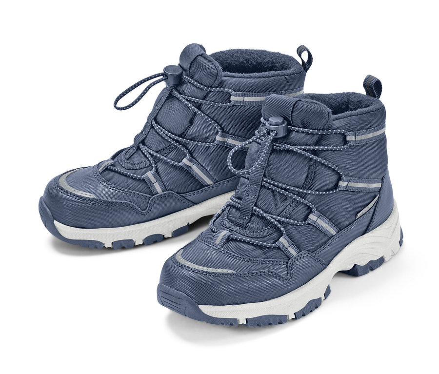 Blaue Kinder-Thermostiefel mit weißer Sohle und Schnürsenkeln.