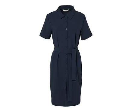 Dunkelblaues Funktions-Kleid mit kurzen Ärmeln und Gürtel.