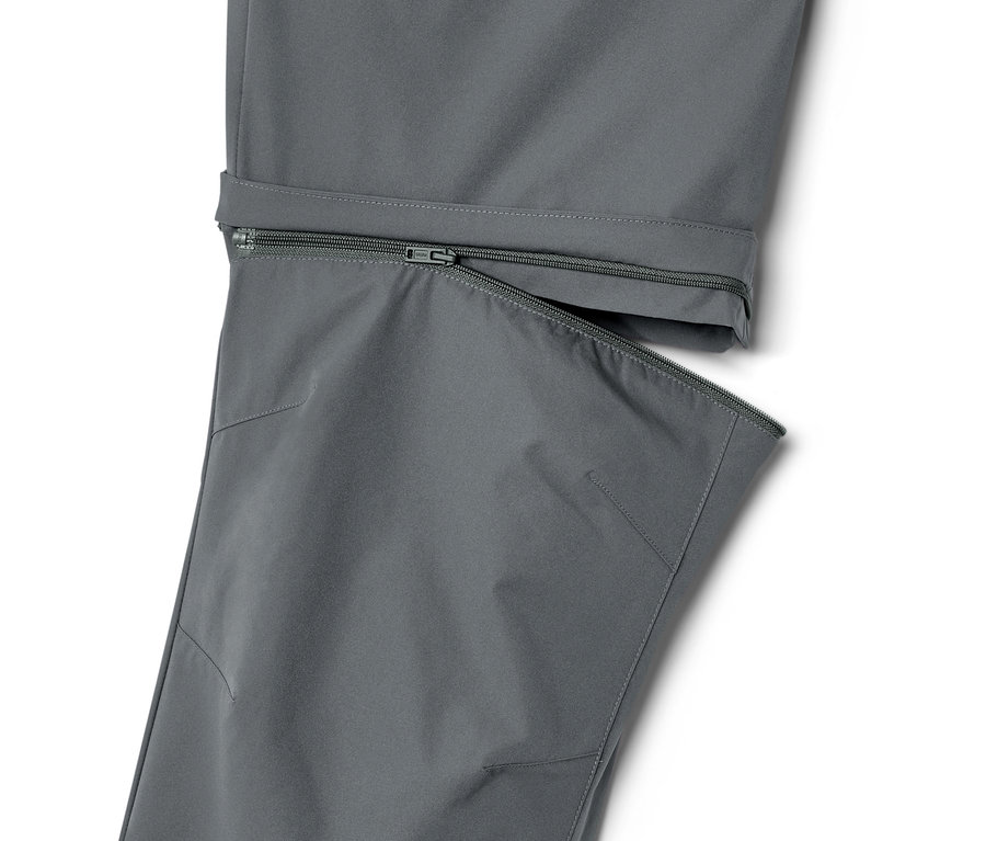 Detailansicht einer grauen 2-in-1-Funktionshose mit Reißverschluss.