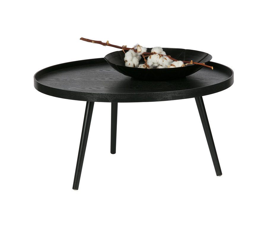 Schwarzer Woood Beistelltisch Mesa XL aus Holz mit Baumwollblüten-Dekoration.