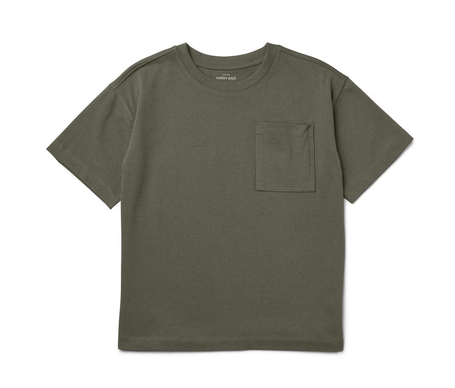 Ein olivgrünes Kinder-T-Shirt mit kurzen Ärmeln und einer Tasche.