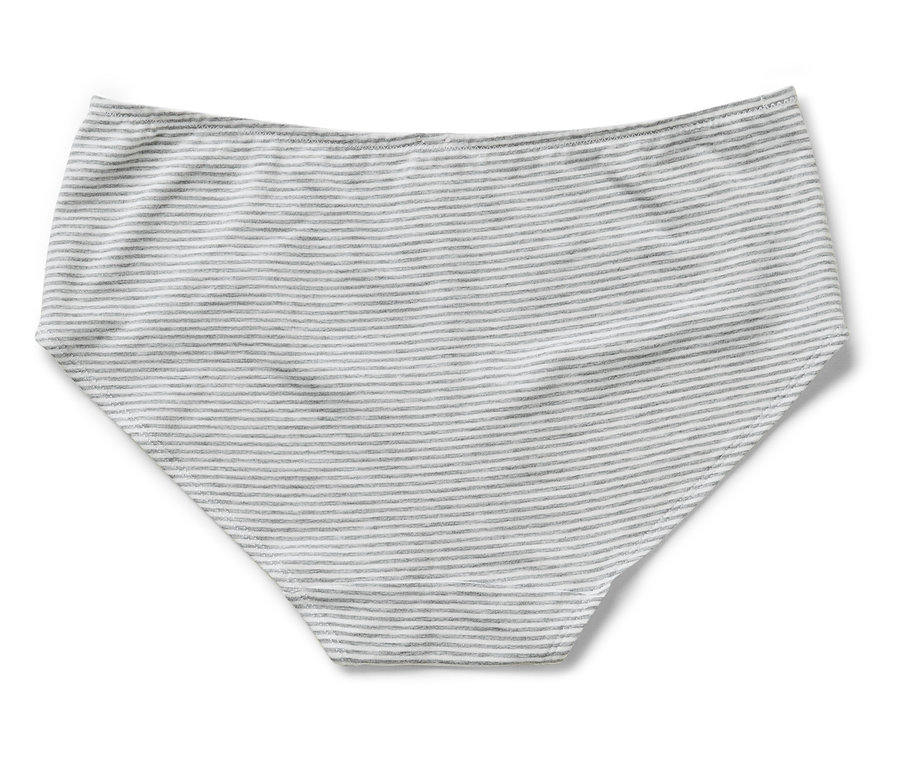 Gestreifter Slip in Hellgrau und Weiß liegt auf einem weißen Hintergrund.