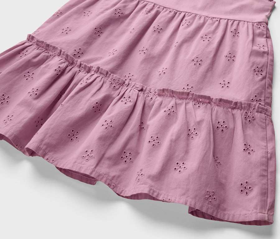 Detailaufnahme eines rosa Kinder-Kleids mit Blumenstickerei.