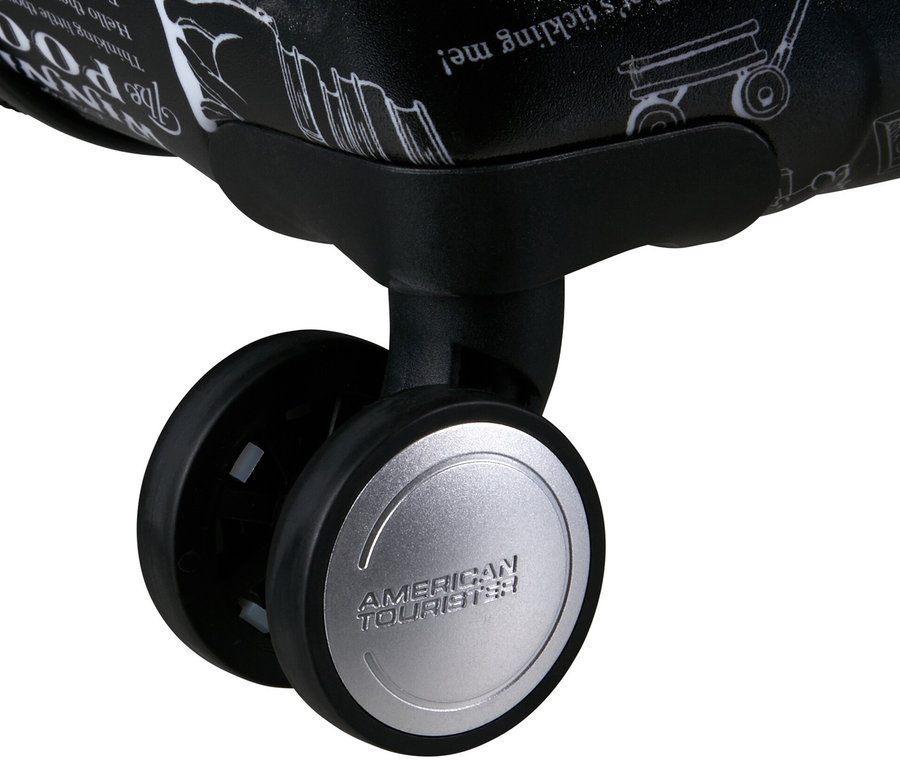 Detailansicht der Räder eines schwarzen American Tourister Wavebreaker »Winnie Poo« Koffers mit Winnie Puuh-Motiv.