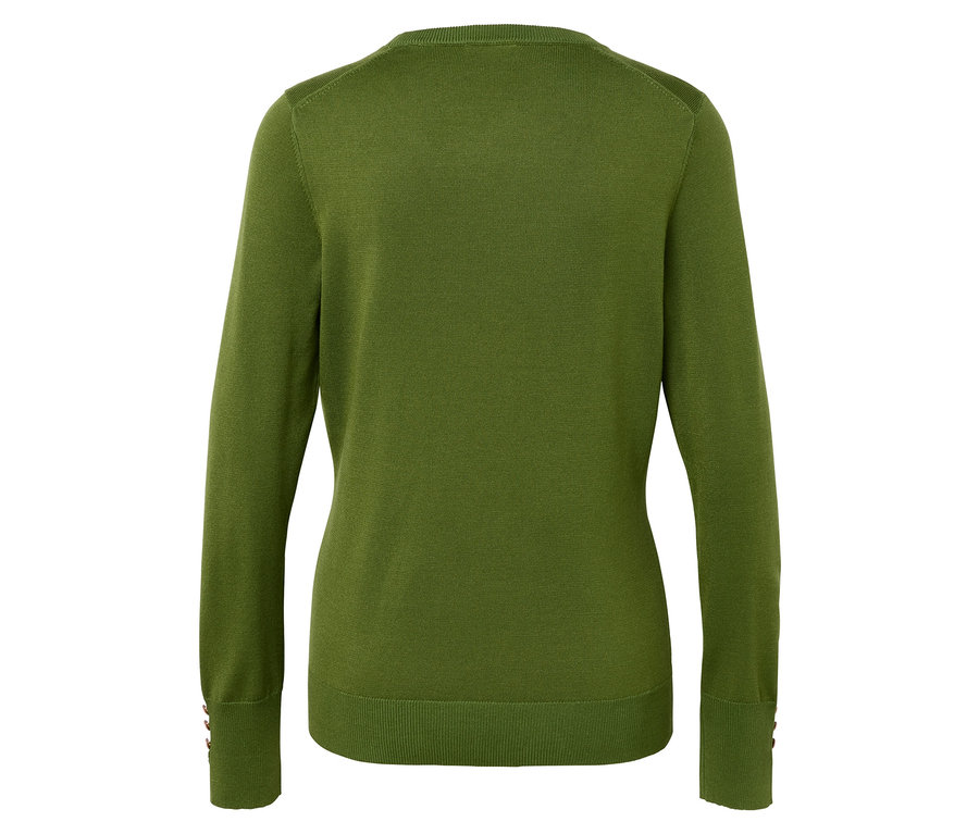 Rückansicht eines olivgrünen Langarmpullovers.