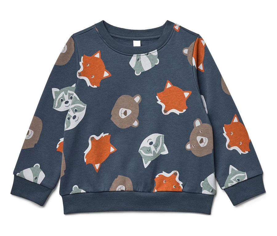 Blaues Sweatshirt mit Tiermuster.