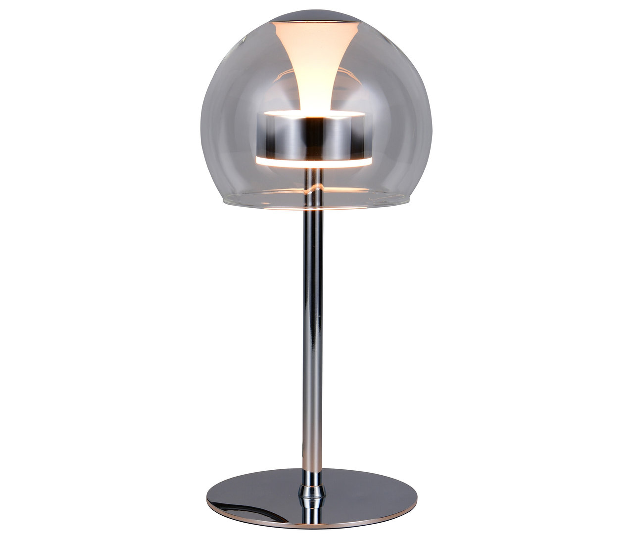 Eine silberne Trio LED-Tischleuchte »Flynt« mit einem Glasschirm.