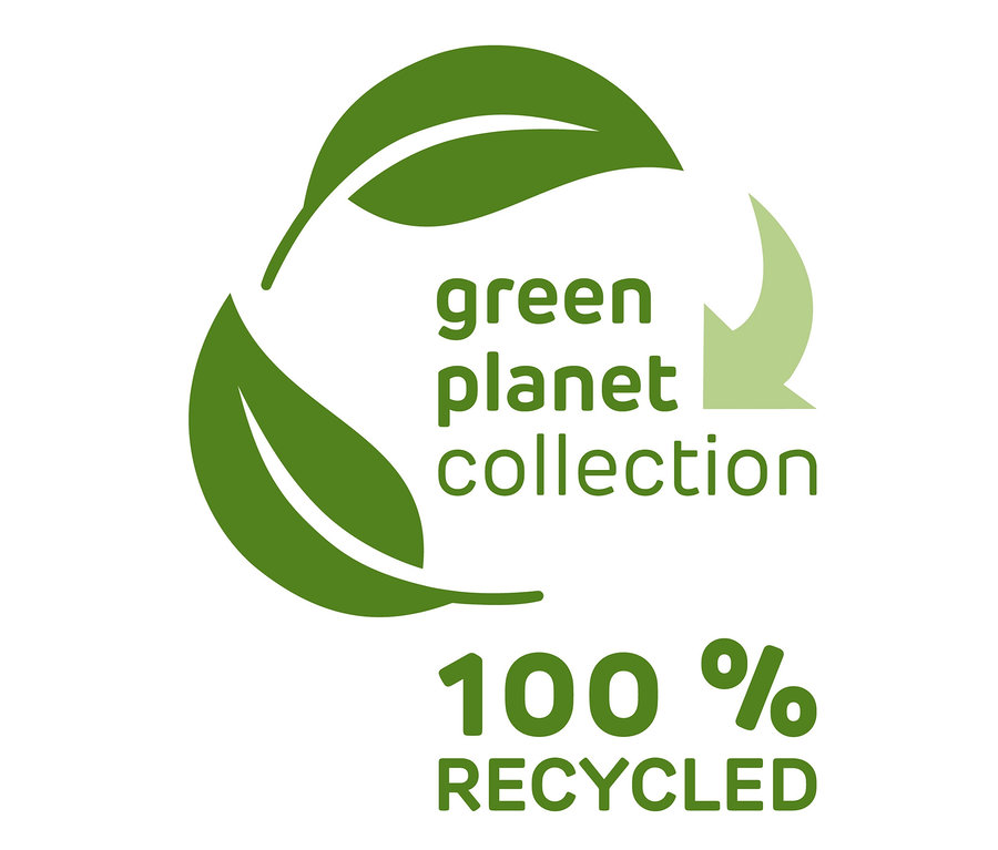 Logo Green Planet Collection: Drei grüne Blätter im Kreis und der Schriftzug 100% recycelt. Garantia 2-in-1-Regentonne-Komplett-Set, ca. 230 l