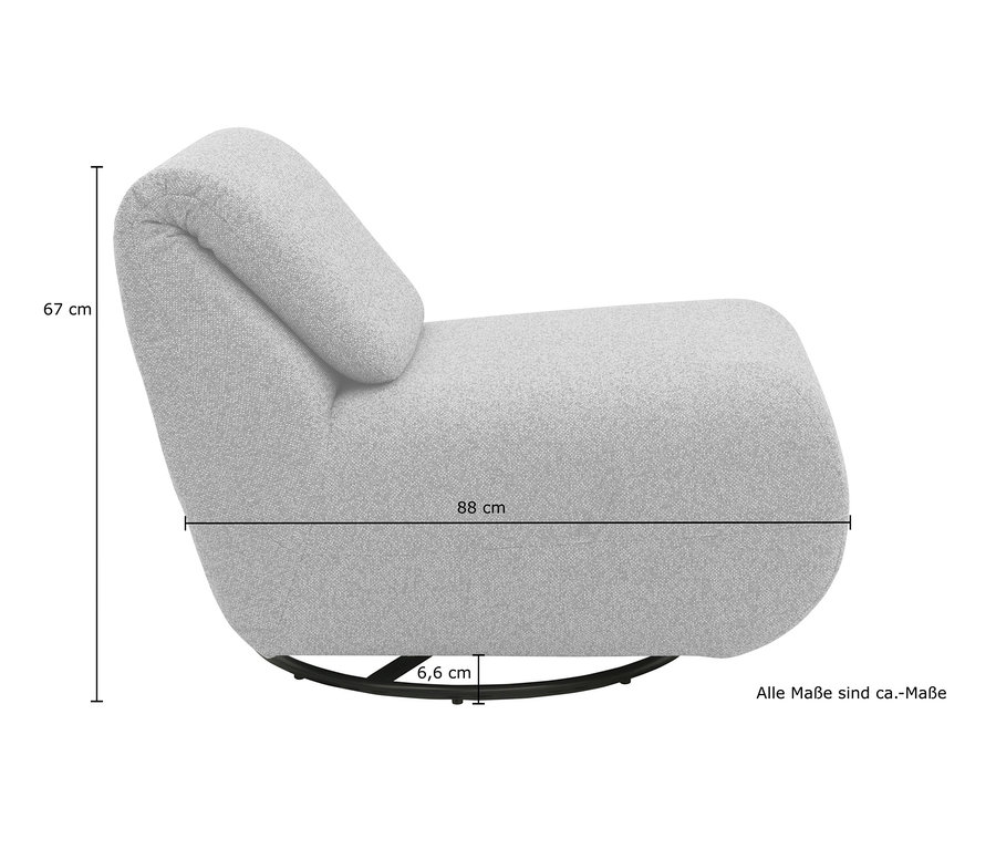 Abmessungen des grauen Domo Collection Drehsessels mit Sunbrella®-Stoff: 67 cm hoch, 88 cm breit, 6,6 cm Beinhöhe.