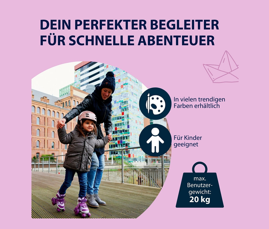 Mutter hält Tochter an den Händen, die lila HUDORA Rollschuhe »My First Quad« trägt.