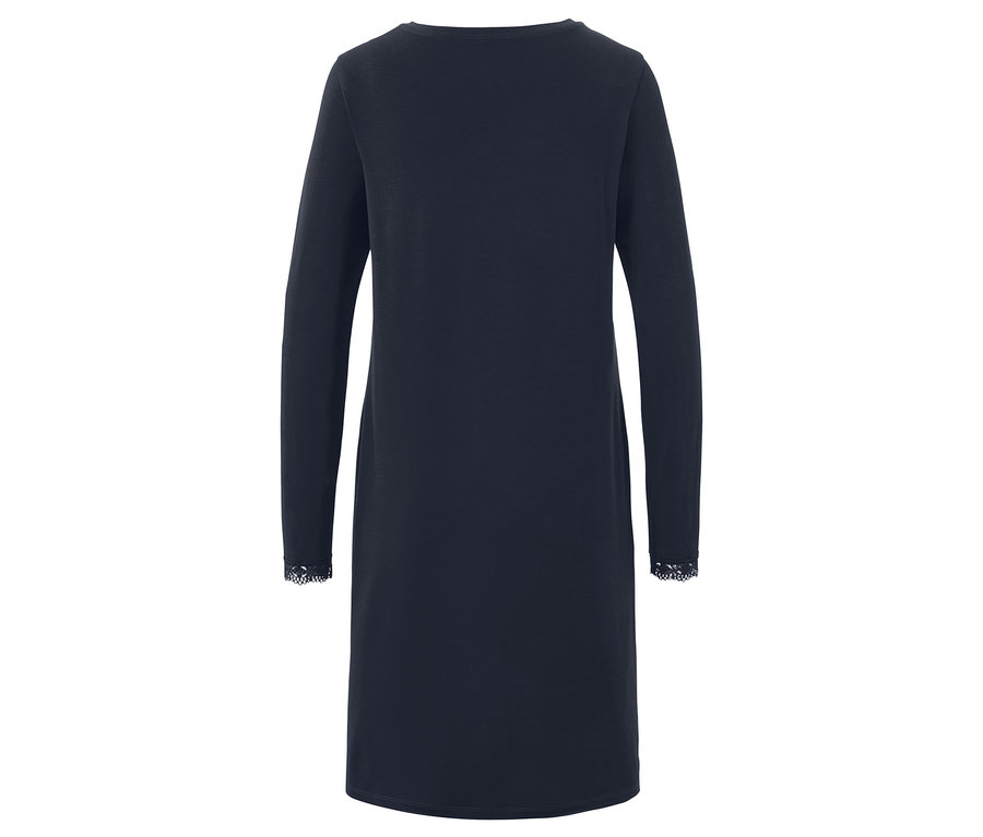 Dunkelblaues, langärmliges Kleid mit Spitzenbündchen.