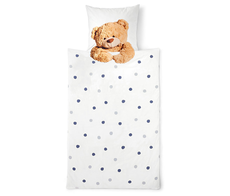 Bettwäsche mit Teddybär und Punkten.