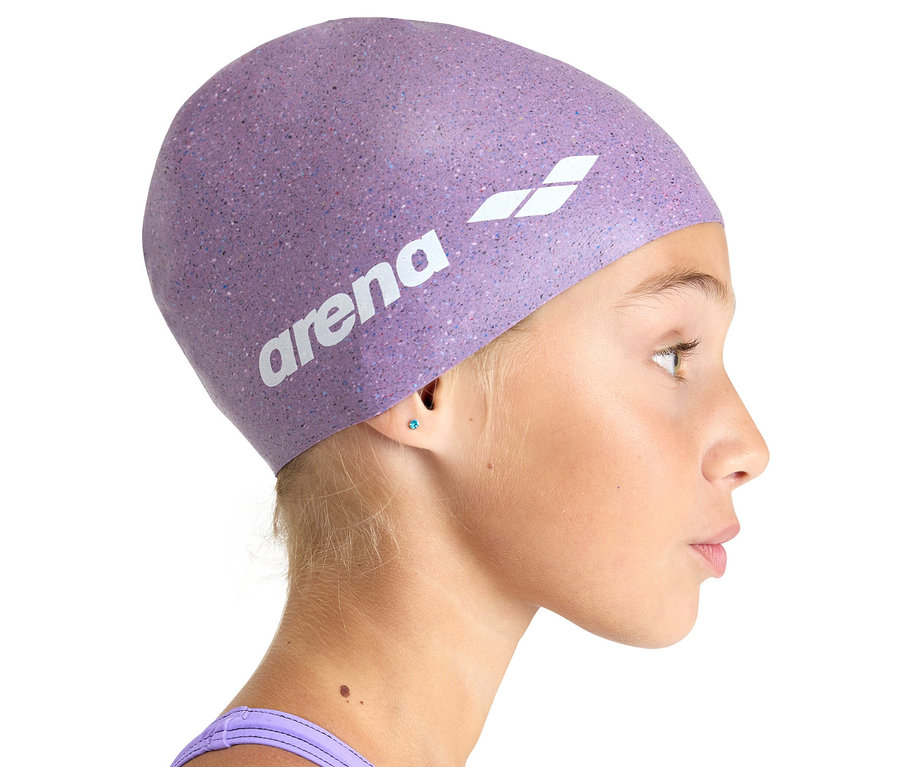 Profil eines Mädchens mit arena Kinder-Badekappe Junior Silikon, rosa.