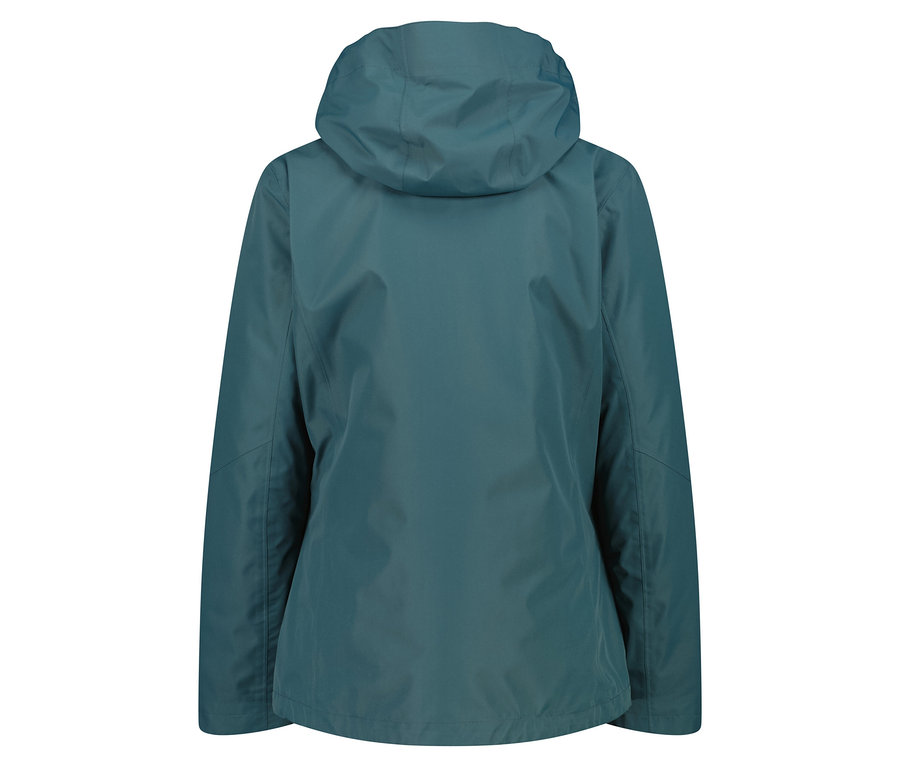 Rückansicht einer petrolfarbenen Jacke mit Kapuze.