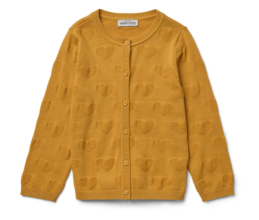 Gelbe Strickjacke mit Knöpfen und erhabenen Herzen.