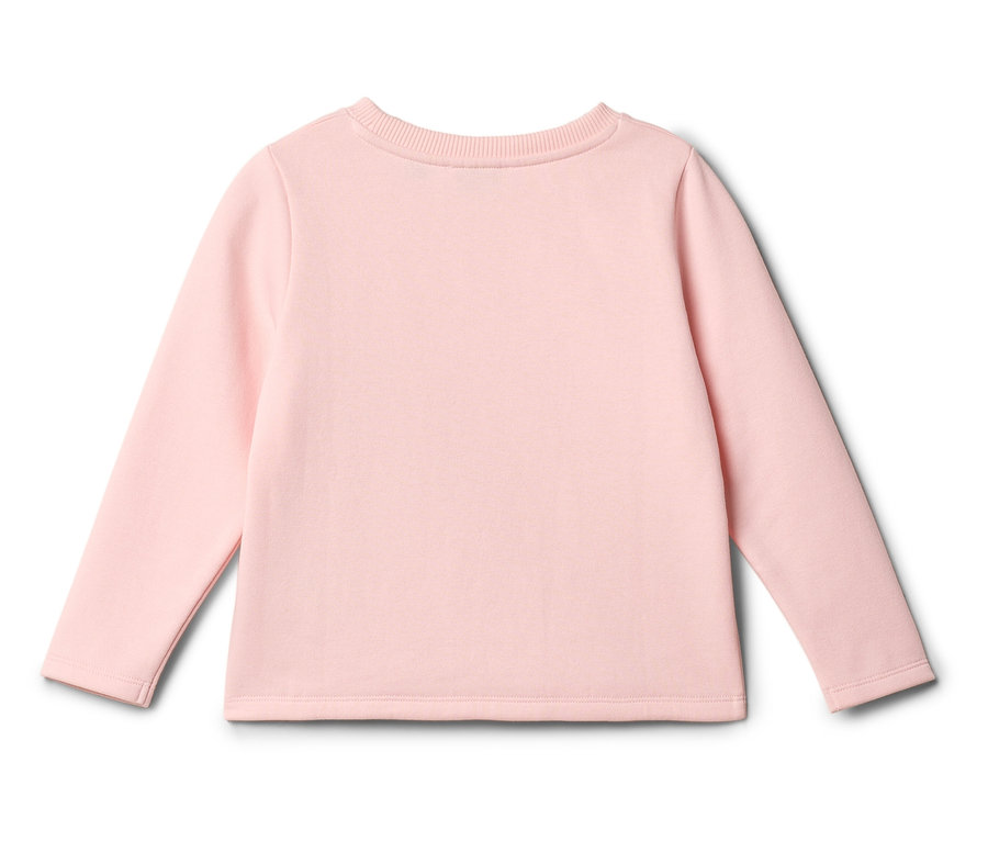 Ein einfarbiges, hellrosa, langärmeliges Oberteil liegt flach auf einer weißen Oberfläche.
