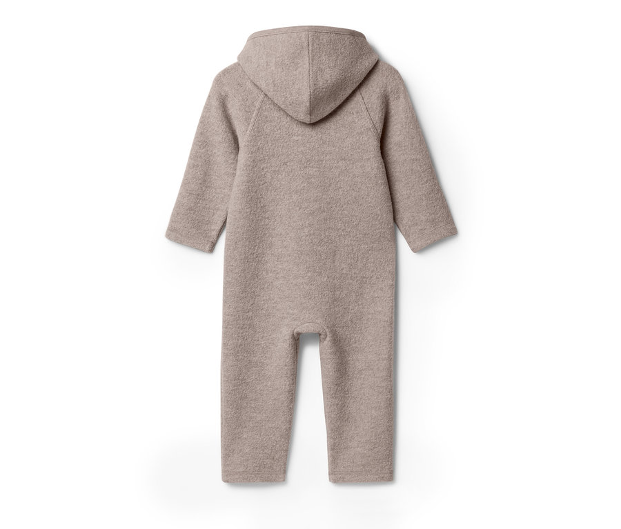 Beiger Wollwalk Overall mit Kapuze, von hinten fotografiert.