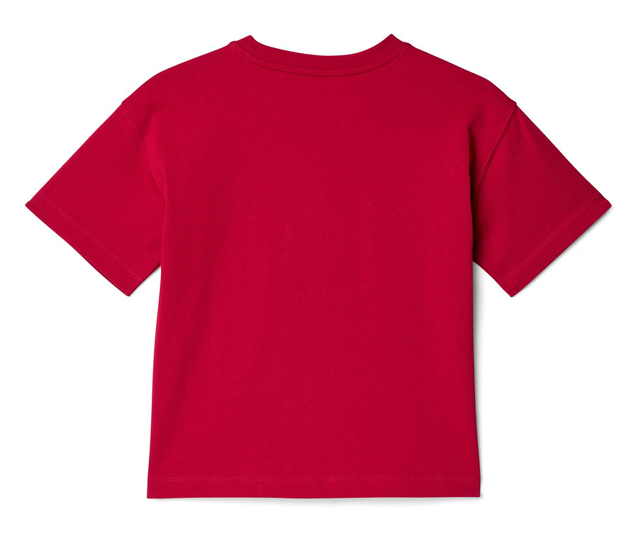 Rückansicht eines roten T-Shirts mit kurzen Ärmeln.